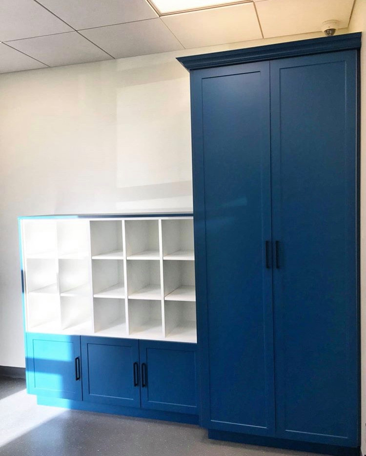Closet - closet idea in Toronto with shaker cabinets and blue cabinets