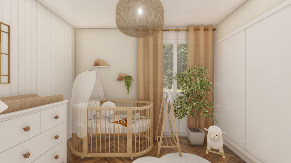 Inspiration for a small eclectic nursery for girls in Madrid with multi-coloured walls and vinyl floors.