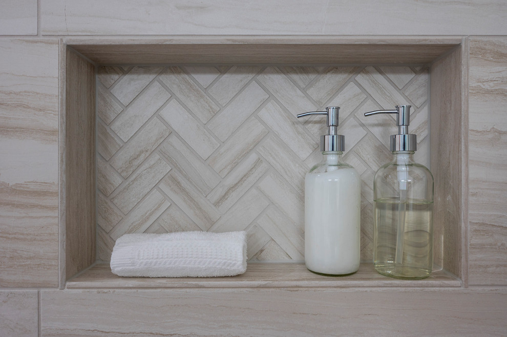 Mid-sized transitional master beige tile and porcelain tile porcelain tile, beige floor and double-sink walk-in shower photo in Charleston with raised-panel cabinets, white cabinets, beige walls, an undermount sink, quartz countertops, white countertops and a built-in vanity