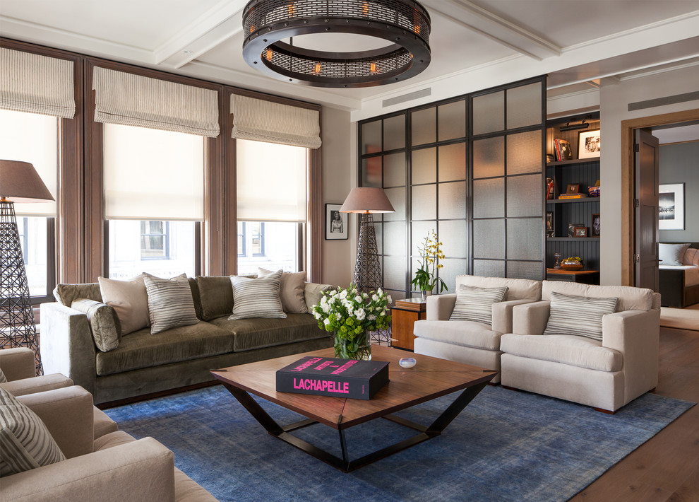 Trendy formal dark wood floor and brown floor living room photo in New York with no fireplace