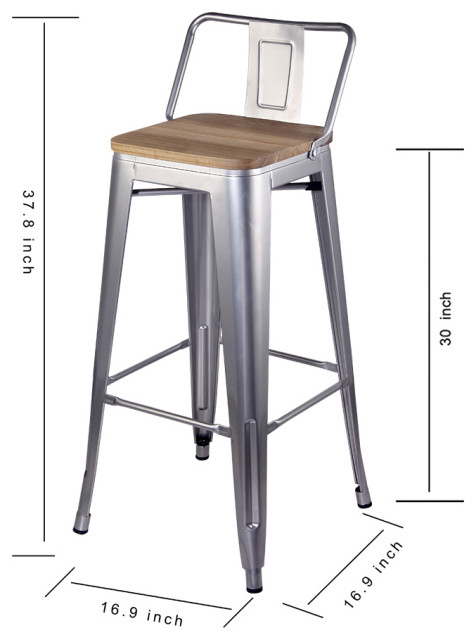 Metal Silver Bar Stools With Lowback Light Wooden Seat, Set of 4 ...