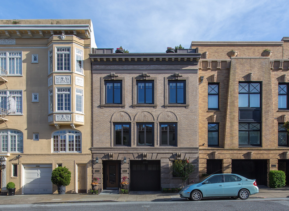 Inspiration for a traditional three-storey brick grey exterior in San Francisco.