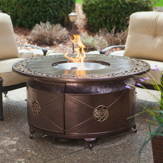Red Ember Richland 48 In Round Propane Fire Pit Table With Round Propane Fire Pit Table With Decorative Scroll Mu
