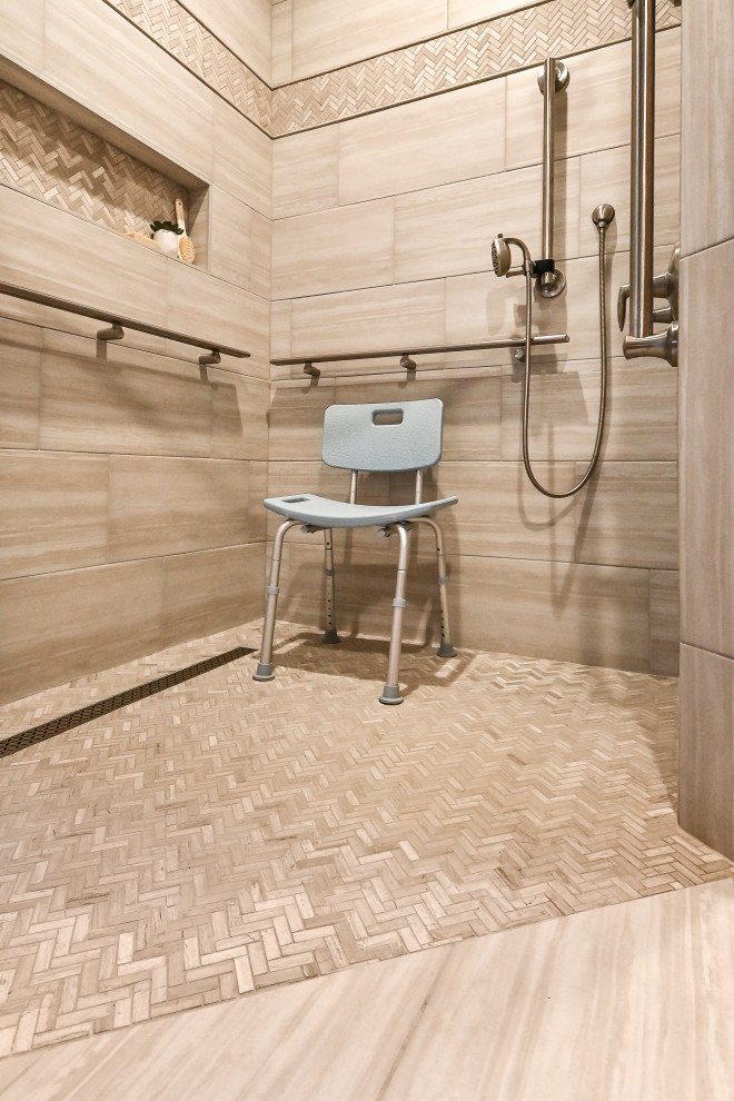 Photo of a mid-sized traditional master bathroom in Milwaukee with open cabinets, light wood cabinets, an open shower, a bidet, beige tile, porcelain tile, beige walls, porcelain floors, an integrated sink, solid surface benchtops, beige floor, a shower curtain, white benchtops, a niche, a single vanity and a floating vanity.