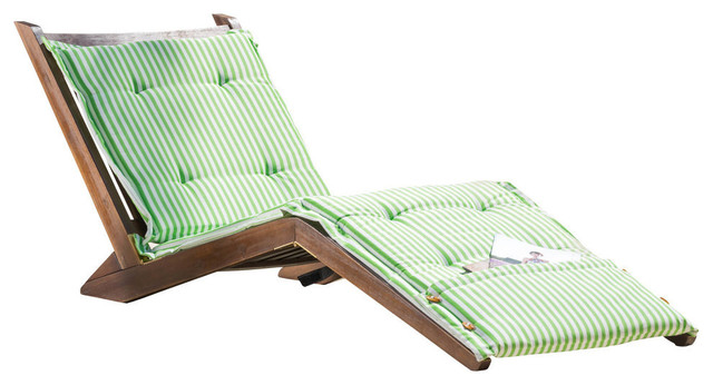 GDF Studio Midori Wood Folding Chaise Lounger Chair With Green Striped Cushion