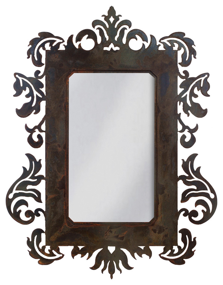 Wrought Iron Mirror Damask Style 36" Mirror With Rust Patina