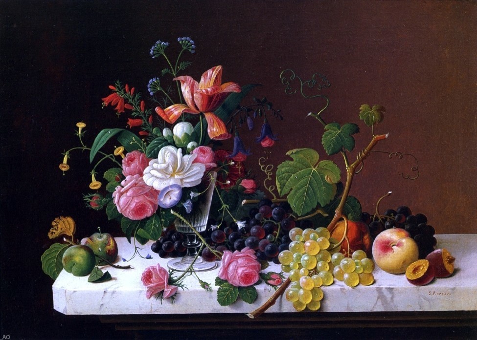 Severin Roesen Fruit and Flowers on a Marble Table Ledge Print