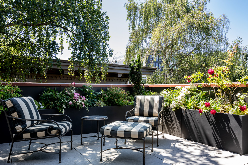 Small contemporary rooftop deck in Seattle with with privacy feature and no cover.