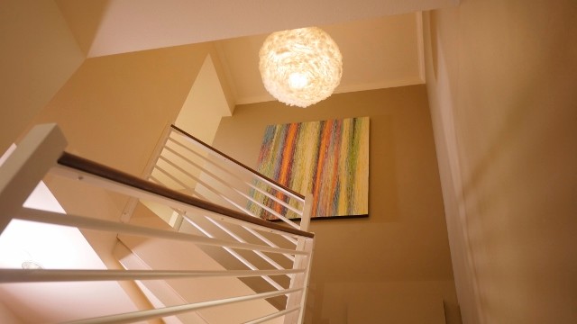 Mid-sized contemporary carpeted l-shaped staircase in Denver with carpet risers and wood railing.