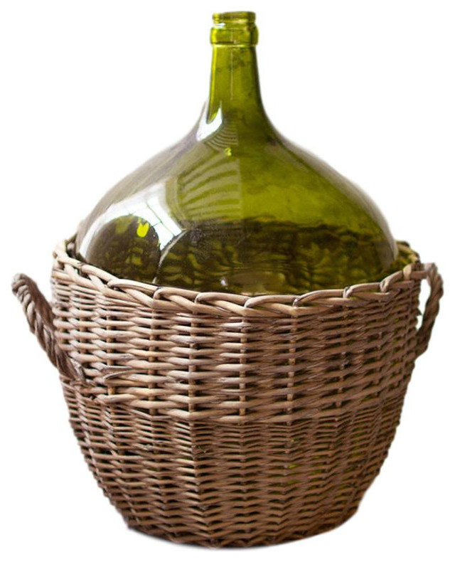 Green Glass Wicker Wrap Bottle Vase 18.5" Tall Double Handle Vintage Style