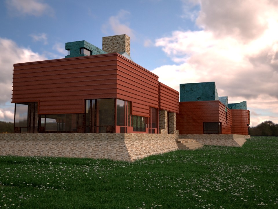 Стильный дизайн: огромный, одноэтажный, деревянный, коричневый частный загородный дом в современном стиле с металлической крышей, синей крышей и отделкой доской с нащельником - последний тренд