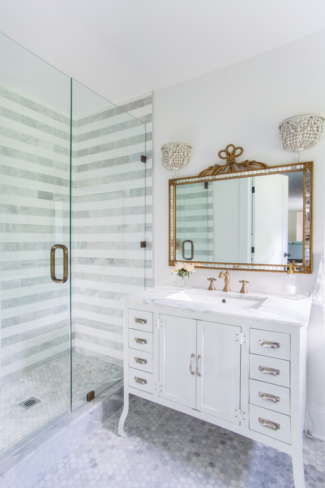 Mid-sized transitional master bathroom in Toronto with raised-panel cabinets, medium wood cabinets, an alcove shower, white tile, subway tile, white walls, porcelain floors, an undermount sink, engineered quartz benchtops, multi-coloured floor and a hinged shower door.