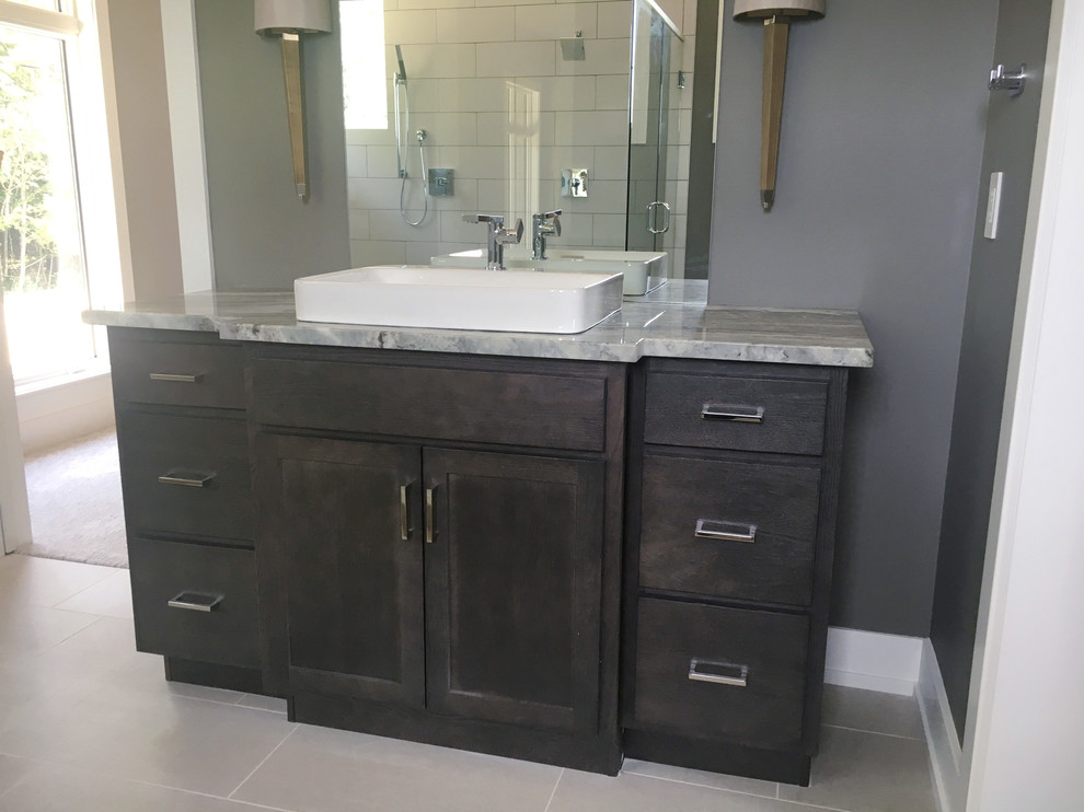 Inspiration for a large contemporary master bathroom in Other with flat-panel cabinets, grey cabinets, an open shower, grey walls, a vessel sink and engineered quartz benchtops.