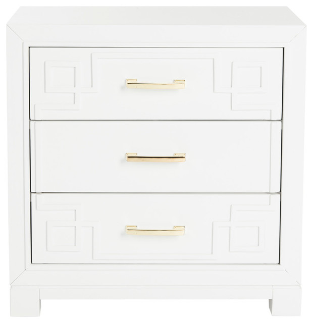 Raina Three Drawer Greek Key Night Stand White Raina Three Drawer Greek Key Night Stand White