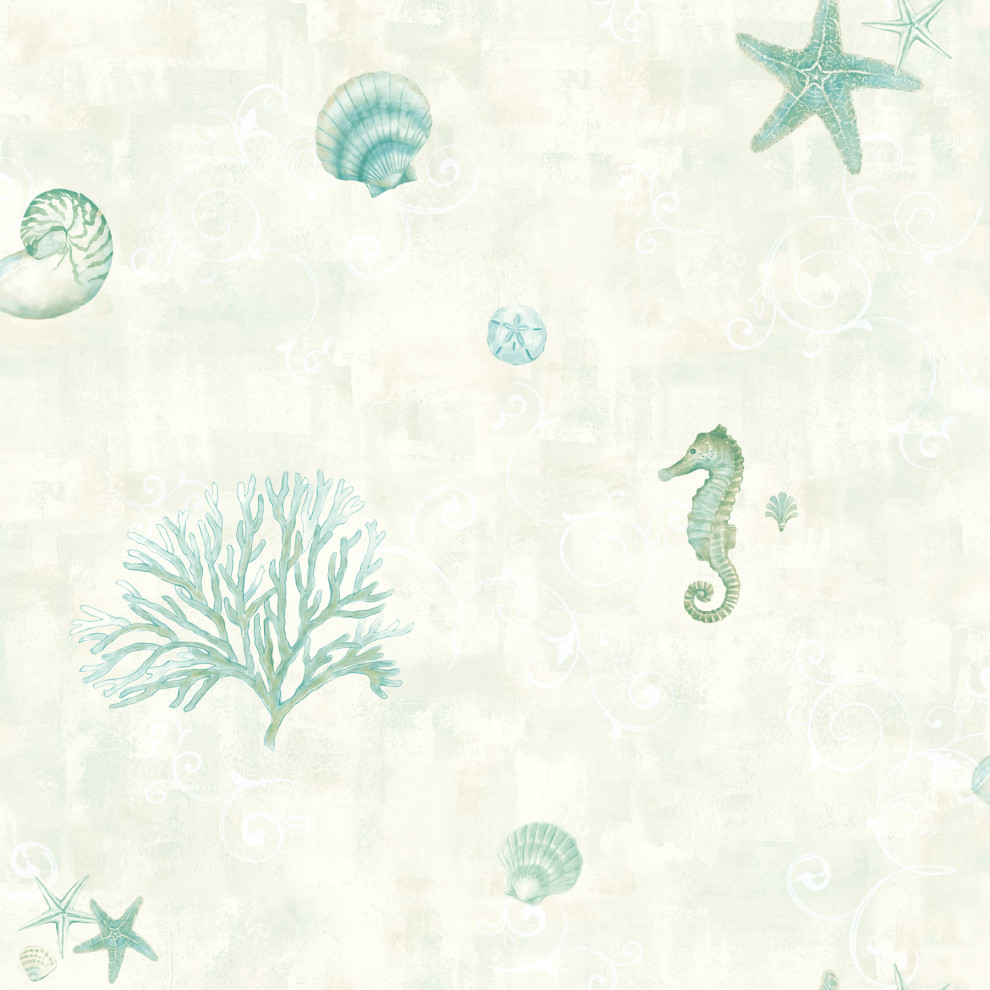 Boca Raton Teal Seashells Wallpaper,, Sample