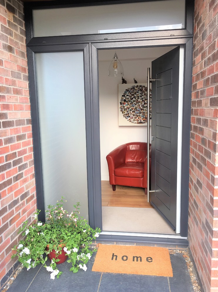 Photo of a mid-sized modern front door in Other with carpet, a single front door and a gray front door.