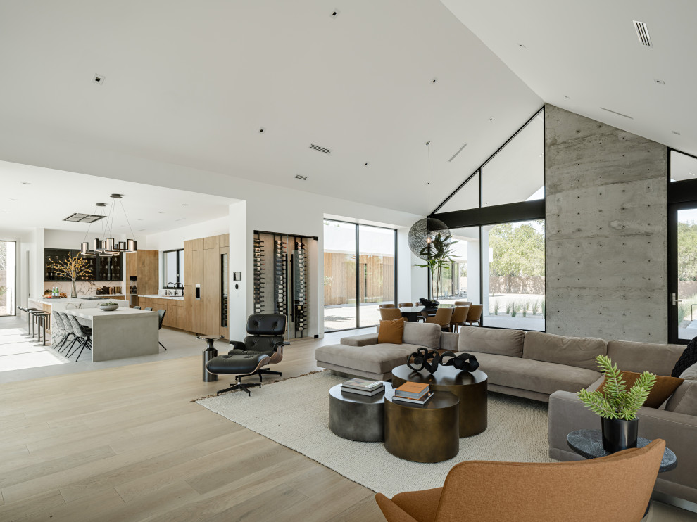 Пример оригинального дизайна: открытая гостиная комната в современном стиле с белыми стенами, светлым паркетным полом, стандартным камином, фасадом камина из бетона, телевизором на стене и сводчатым потолком