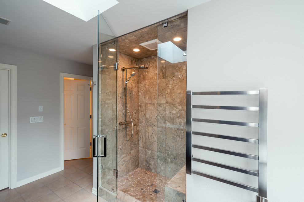Mid-sized transitional master bathroom in Seattle with an undermount sink, flat-panel cabinets, grey cabinets, engineered quartz benchtops, a freestanding tub, an alcove shower, a one-piece toilet, beige tile, beige walls and ceramic floors.