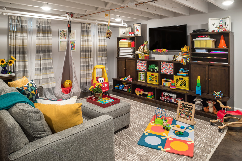 Transitional kids' playroom in St Louis with grey walls and carpet.