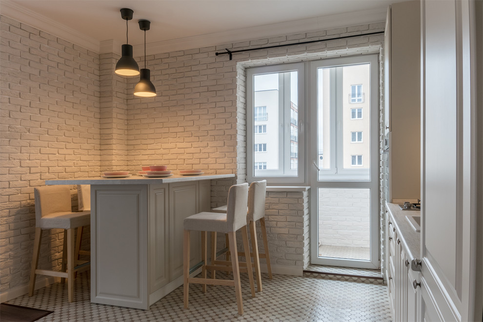 Mid-sized scandinavian single-wall eat-in kitchen in Other with raised-panel cabinets, laminate benchtops, white splashback, brick splashback, white appliances, with island, white floor, a drop-in sink and white cabinets.