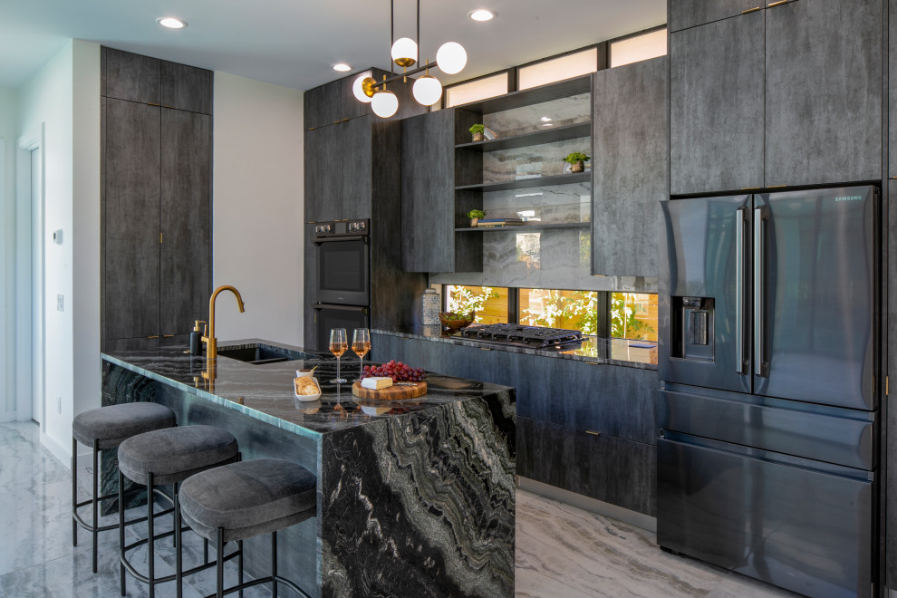 Midcentury l-shaped kitchen in Tampa with a submerged sink, flat-panel cabinets, grey cabinets, marble worktops, black appliances, marble flooring, an island, grey floors and black worktops.