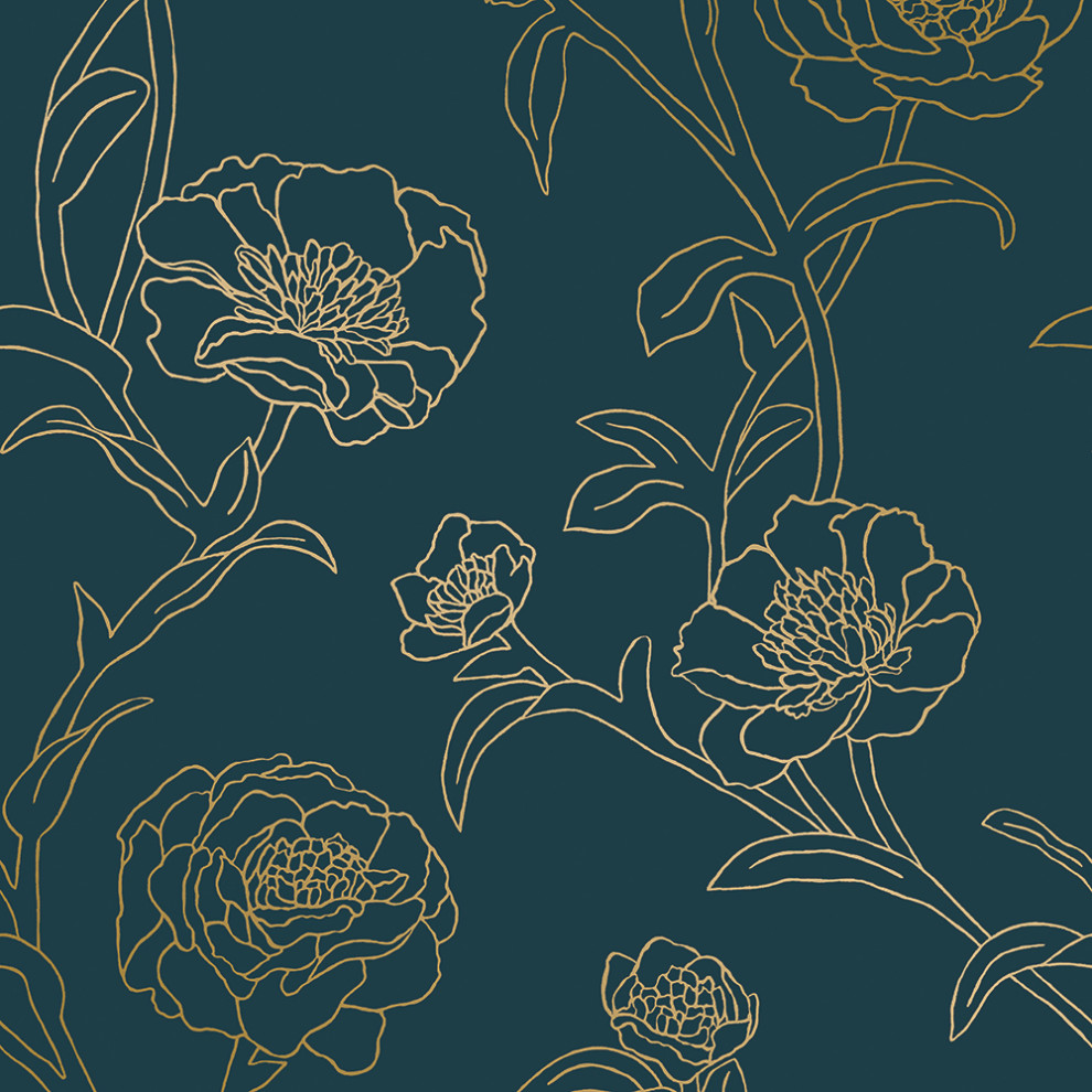 Peonies Peacock Blue and Metallic Gold Peel and Stick Wallpaper, Sample