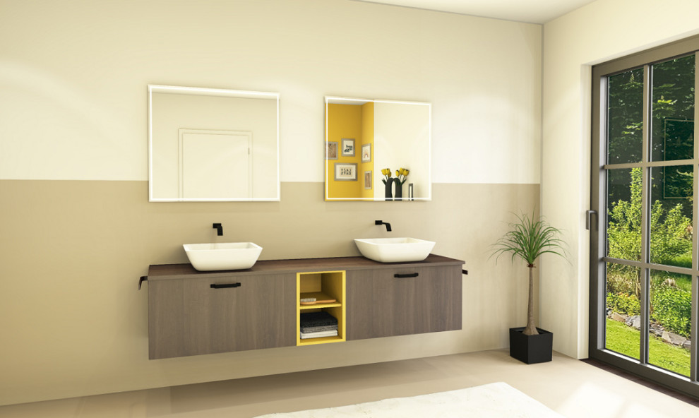 Cette image montre une salle de bain principale design en bois foncé de taille moyenne avec un sol beige, meuble double vasque et meuble-lavabo suspendu.