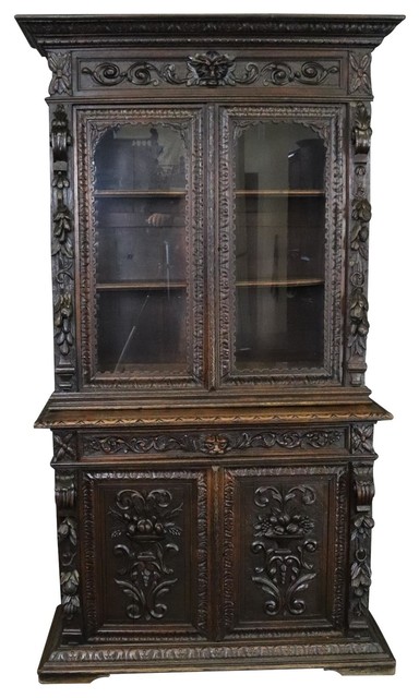Consigned Buffet Antique 1880 Hunting Renaissance Carved Oak Glass 4 Door Traditional China Cabinets And Hutches By Euroluxhome Houzz Consigned Buffet Antique 1880 Hunting, Hunting Storage Cabinets
