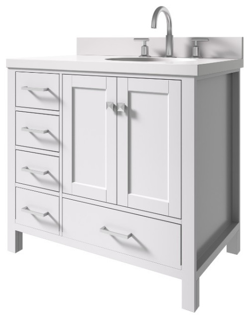 Cambridge White 37" Oval Sink Vanity With White Quartz Top Transitional Bathroom Vanities