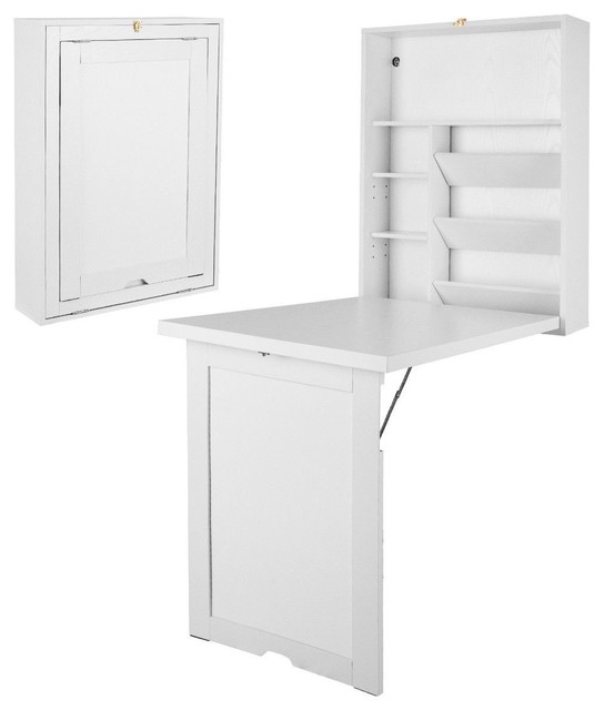 Wall Mounted Fold Out Convertible Floating Desk Space Saver Transitional Desks And Hutches By Imtinanz Llc Houzz - White Wall Mounted Floating Folding Computer Desk