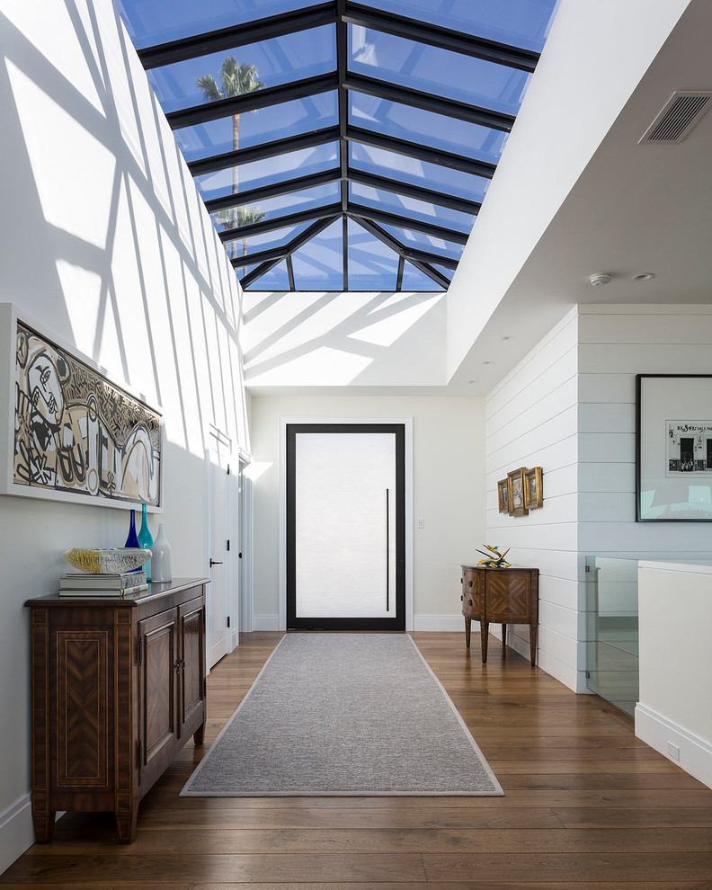 Inspiration for a contemporary entry hall in Boise with white walls, medium hardwood floors, a pivot front door, a glass front door and brown floor.