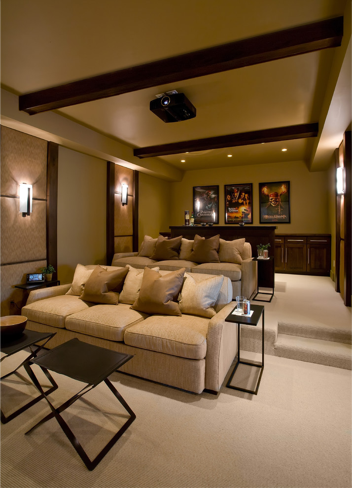 Inspiration for a mid-sized contemporary enclosed home theatre in Salt Lake City with beige walls, carpet and beige floor.