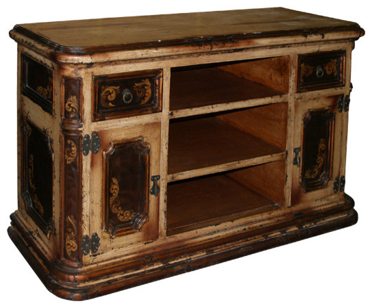 Palermo Sideboard, Bone Distressed with Brown and Scrolls
