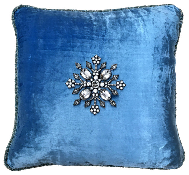 Light Blue Hand Beaded Velvet Pillow With Removable Pin