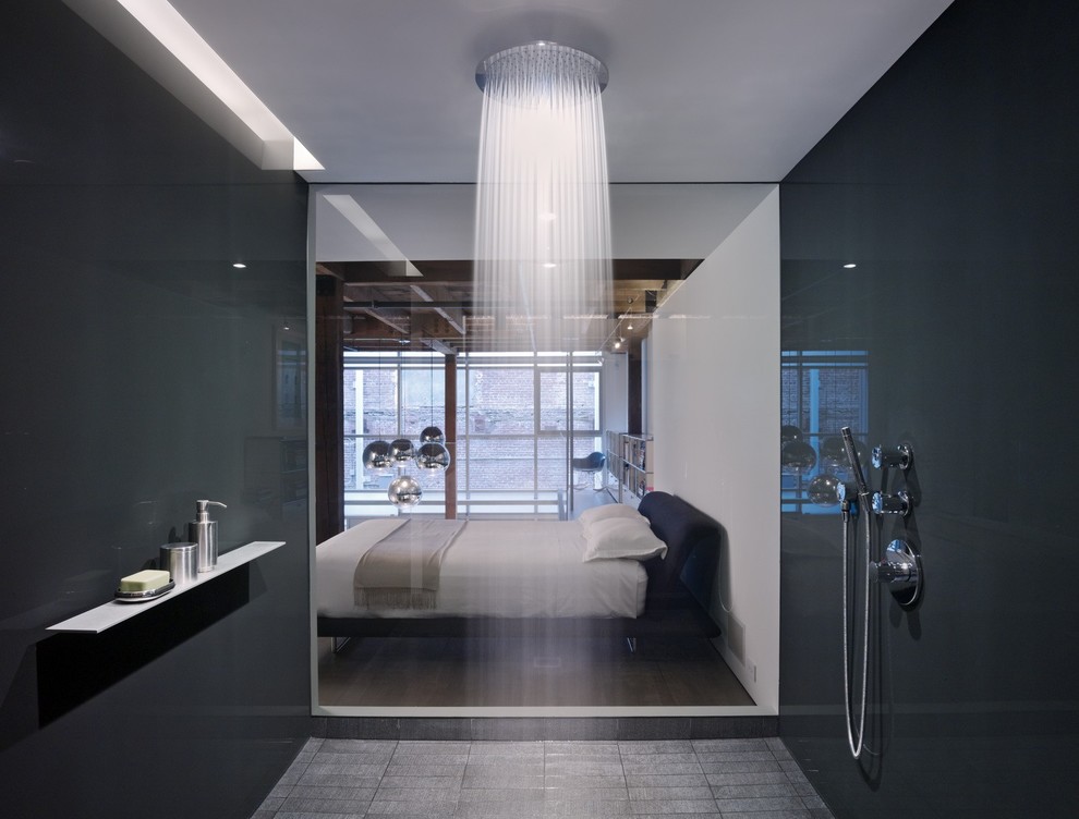 This is an example of a contemporary bathroom in Atlanta with an open shower, black tile and glass sheet wall.