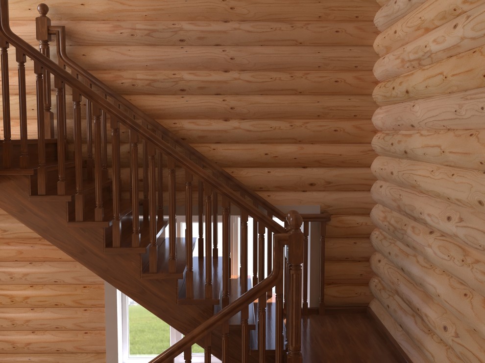 3D визуализация лестницы из дуба в бревенчатом дом