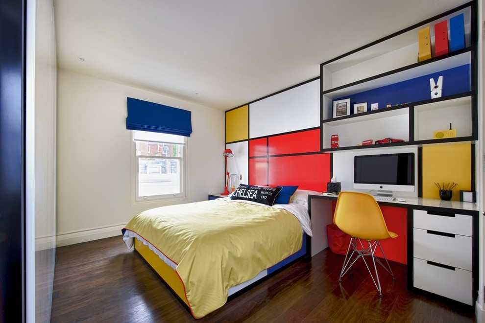 Photo of a contemporary bedroom in London with multi-coloured walls and dark hardwood floors.