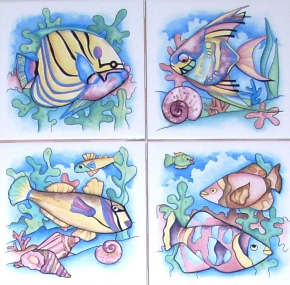 Fish Ceramic Tile Tropical Colors set 4 of 4.25" x 4.25" Kiln fired BackSplash 