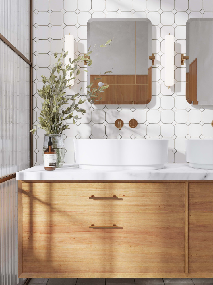 This is an example of a large scandinavian master bathroom in New York with flat-panel cabinets, medium wood cabinets, a freestanding tub, a curbless shower, a wall-mount toilet, white tile, ceramic tile, white walls, cement tiles, a vessel sink, marble benchtops, grey floor, an open shower, white benchtops, a niche, a double vanity, a floating vanity and exposed beam.