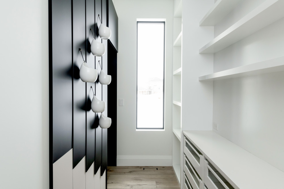 Inspiration for an expansive contemporary gender-neutral walk-in wardrobe in Other with open cabinets, white cabinets and light hardwood floors.