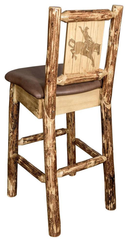 Barstool With Back, Saddle Upholstery With Laser Engraved Bronc Design