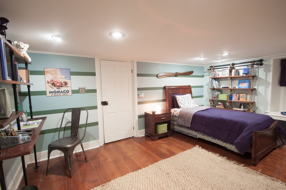 Inspiration for a mid-sized transitional kids' bedroom for kids 4-10 years old and boys in Philadelphia with multi-coloured walls and medium hardwood floors.
