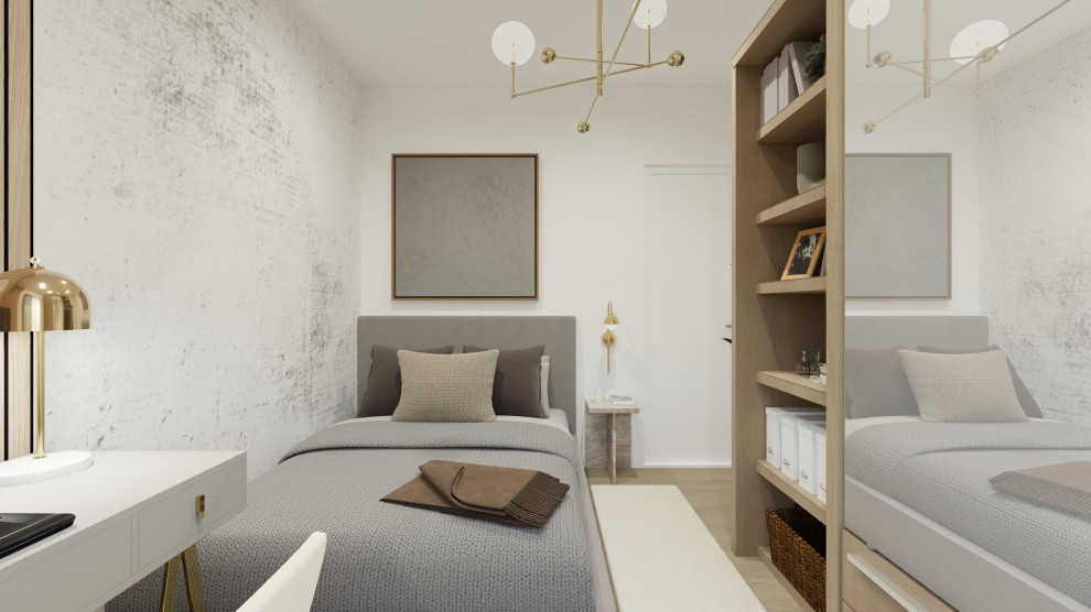 Idéer för ett litet modernt barnrum kombinerat med sovrum, med beige väggar, ljust trägolv och beiget golv
