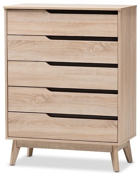 Fella Mid-Century Modern Two-Tone Oak and Gray Wood 5-Drawer Chest