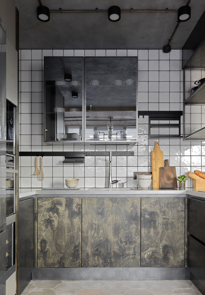 Inspiration for a mid-sized industrial u-shaped open plan kitchen in Moscow with a single-bowl sink, flat-panel cabinets, dark wood cabinets, quartz benchtops, white splashback, ceramic splashback, stainless steel appliances, ceramic floors, no island, grey floor, white benchtop and wood.
