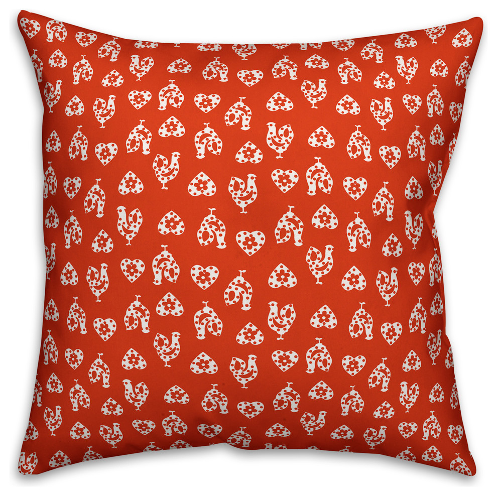 Red Rooster Pattern Outdoor Throw Pillow, 20"x20" Farmhouse Outdoor
