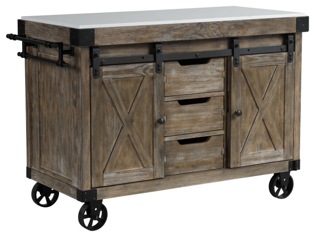 Benzara BM251329 Kitchen Island With 3 Drawers and Barn Sliding, Brown