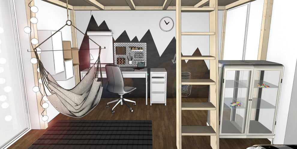 Mittelgroßes, Neutrales Skandinavisches Kinderzimmer mit Spielecke, grauer Wandfarbe und hellem Holzboden in Nürnberg