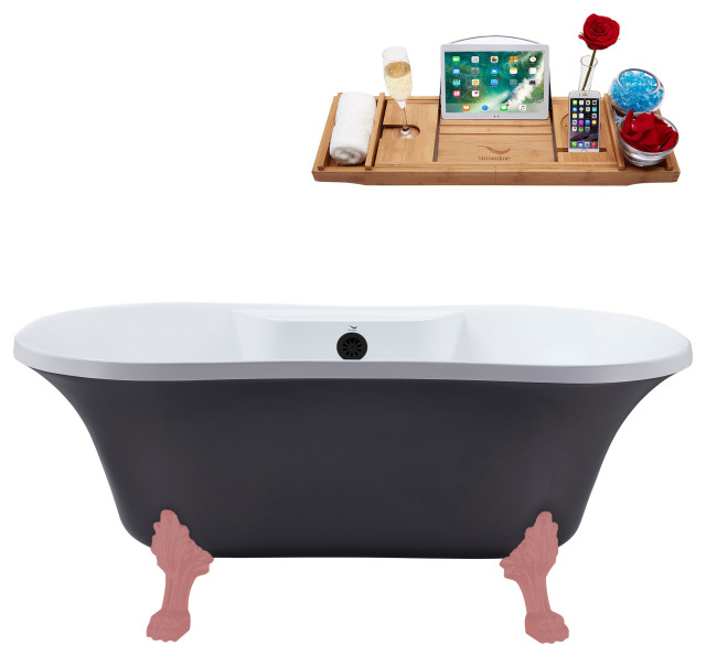 60" Streamline N105PNK-BL Soaking Clawfoot Tub and Tray With External Drain