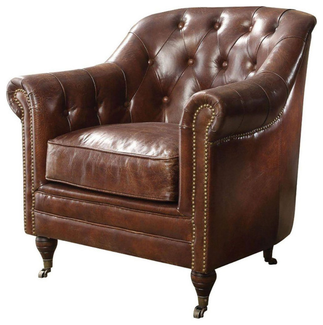 Top Grain Leather Accent Chair, Vintage Dark Brown Traditional